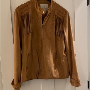 Jou Jou Tan Leather-like suede Jacket with Fringe!